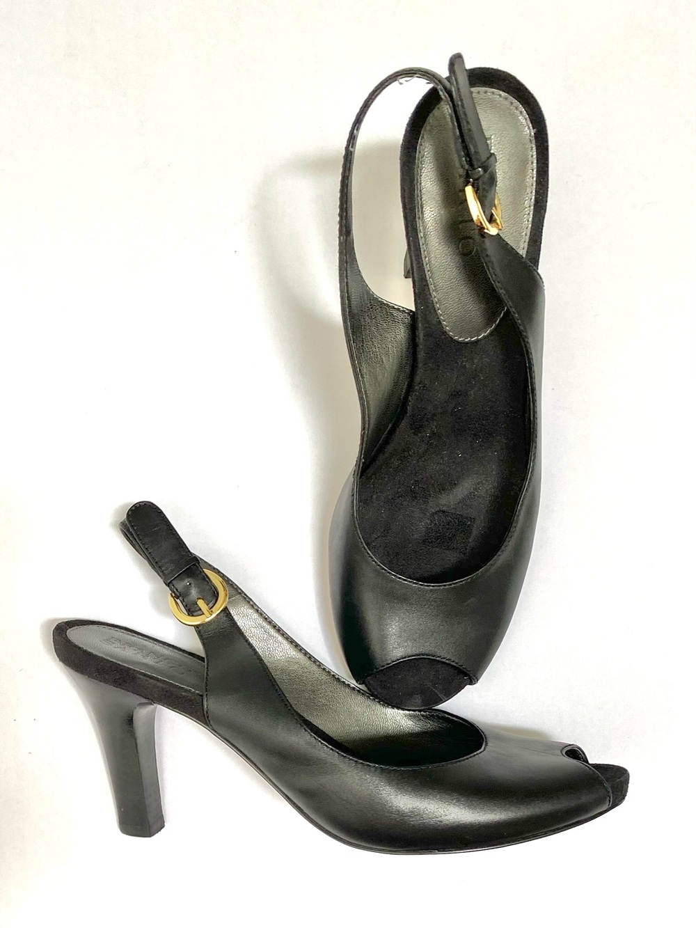 Franco Sarto Black Peep-Toe Slingback Heels with Gold Buckle   8 1/2